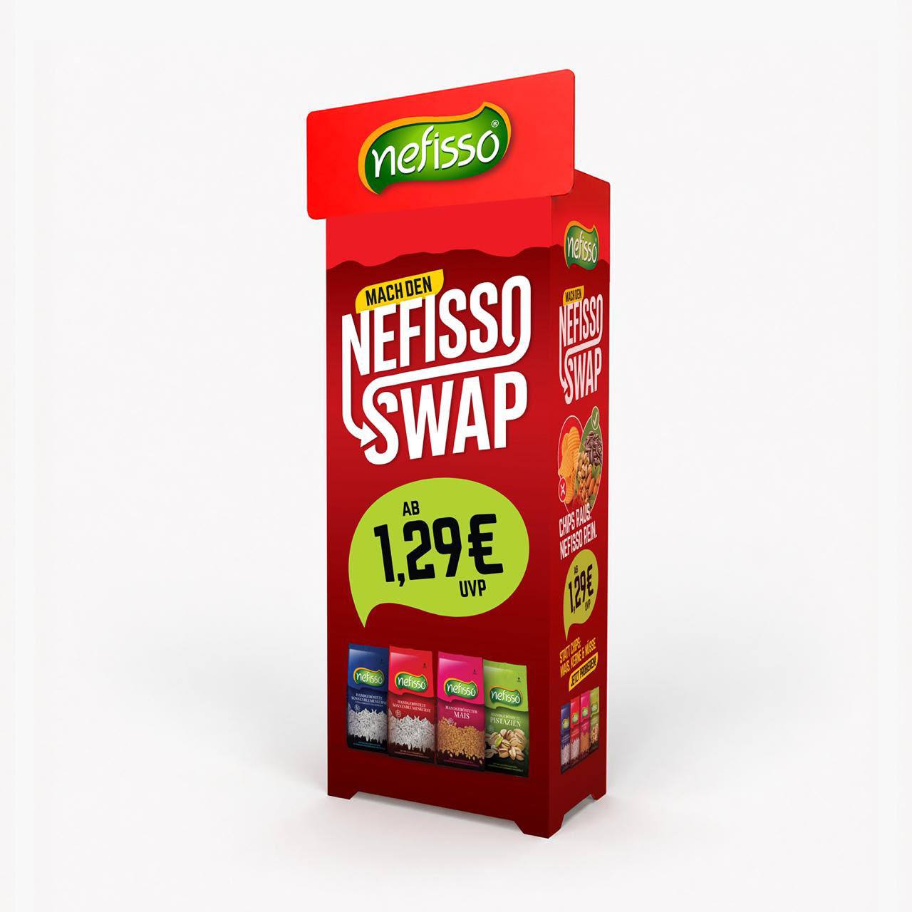 Rückansicht des roten Nefisso Swap Displays mit großem Markenmotiv