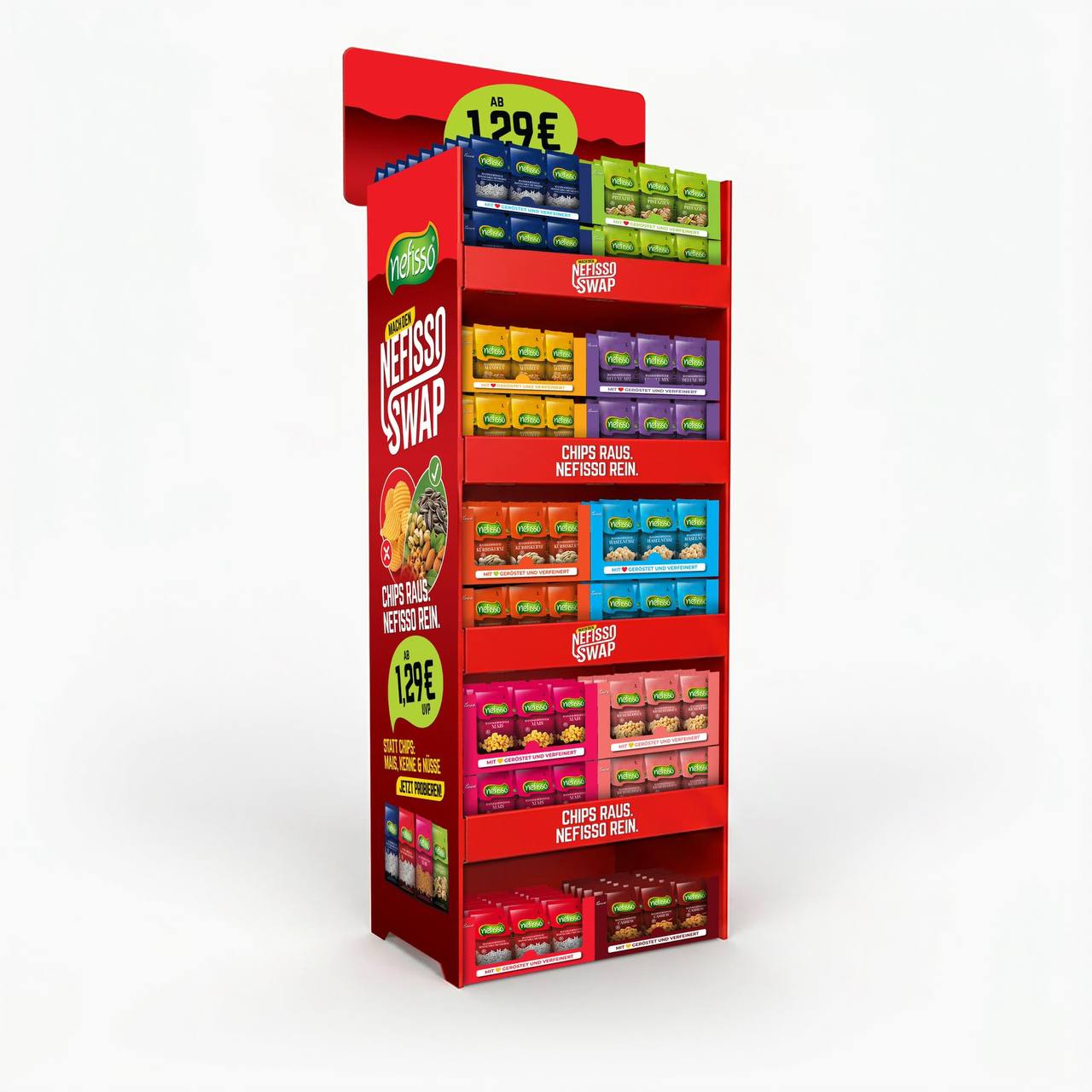 Rotes Nefisso Display mit farbigen Snackpackungen im Markt